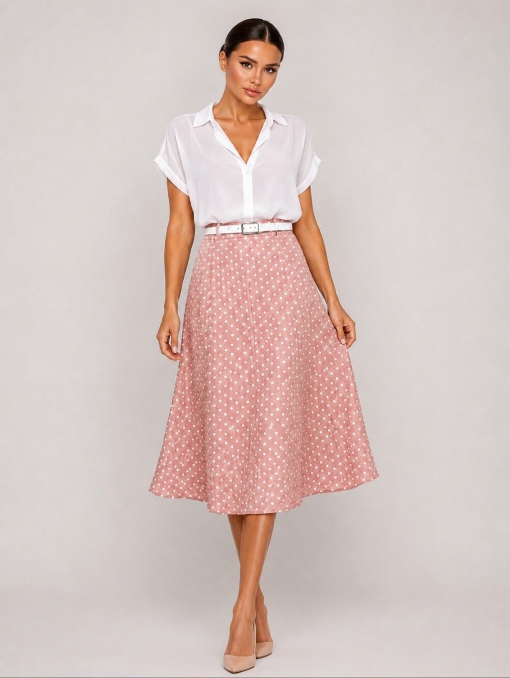 Comparia Fantástica Pink & White Polka Dot Fit & Flare Cotton Blend Midi Skirt